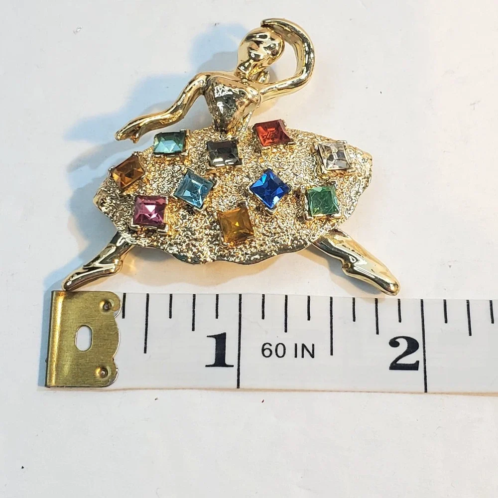 Vtg Gold Tone Textured Skirt Colorful Square Rhinestones Ballerina Brooch Pin